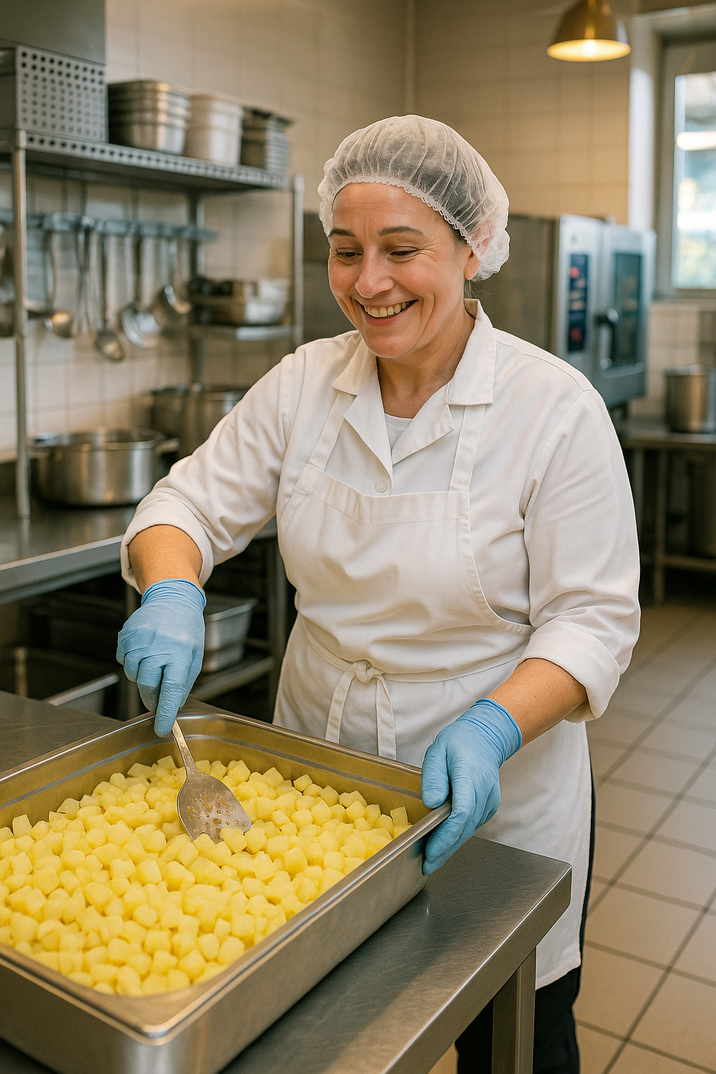 Agent de restauration préparant des aliments en cuisine collective