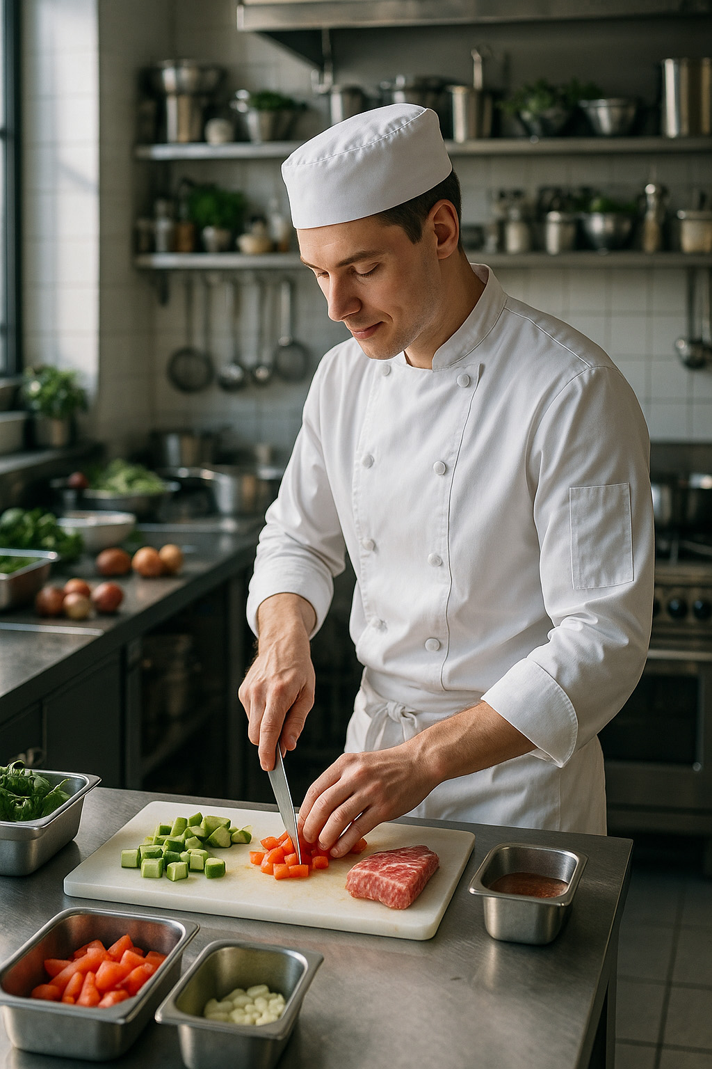 Commis de cuisine découpant des aliments en restauration traditionnelle