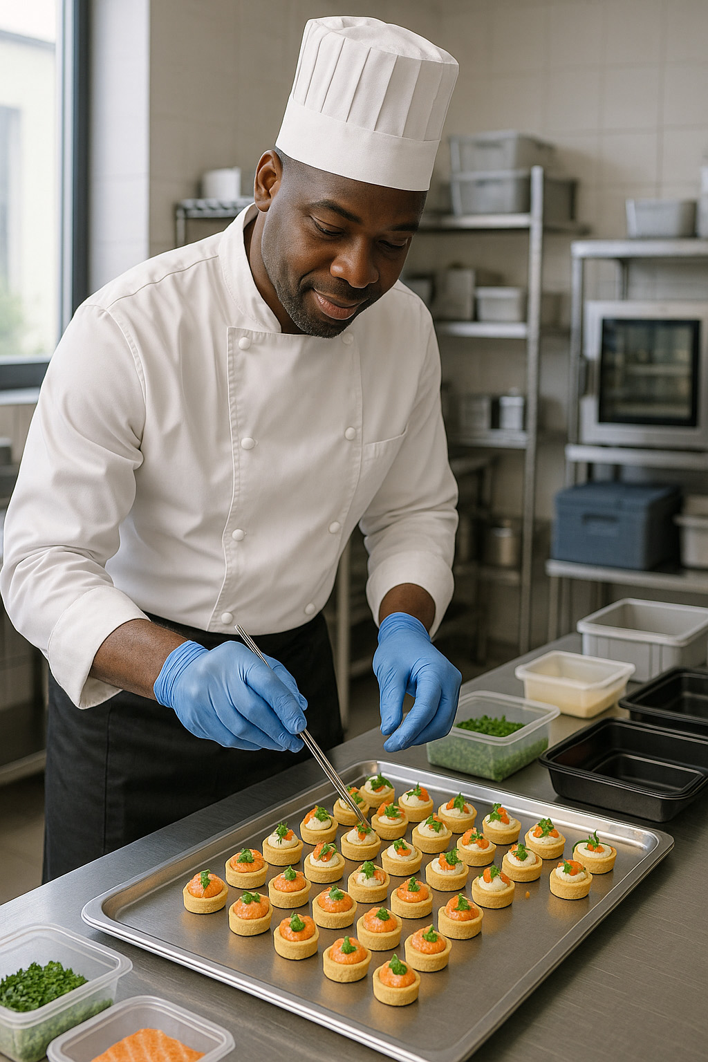 Cuisinier traiteur dressant des petits fours en événementiel