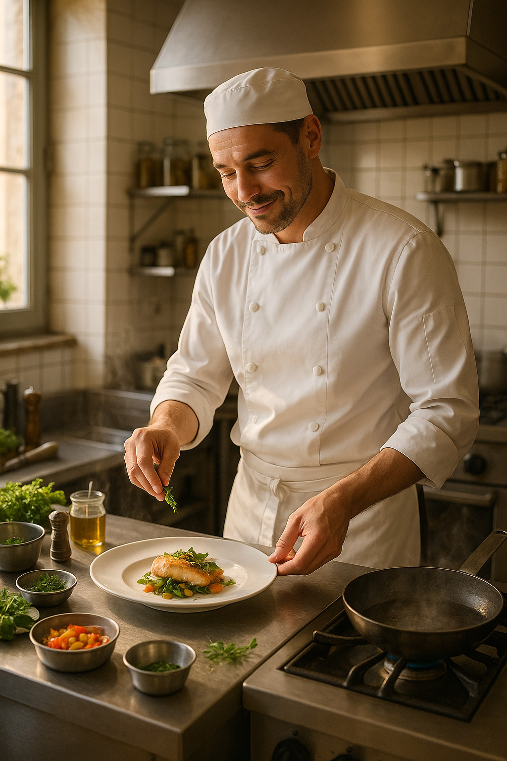 Cuisinier dressant une assiette dans un établissement de restauration traditionnelle