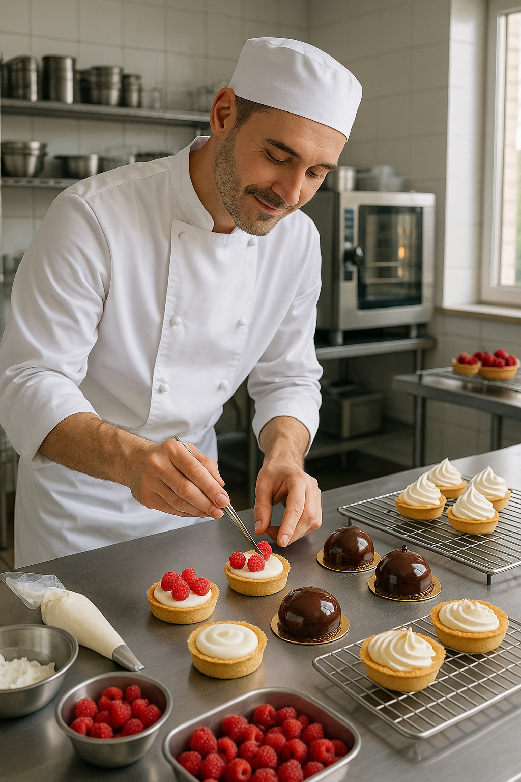 Pâtissier décorant des tartelettes avec des framboises dans une cuisine professionnelle