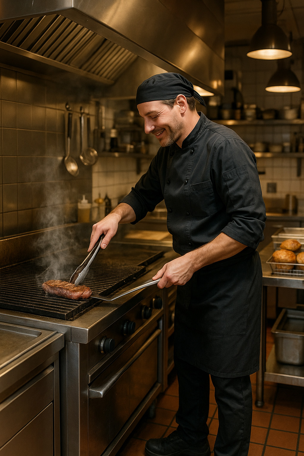 Grilladin faisant cuire une viande sur grill en restauration traditionnelle