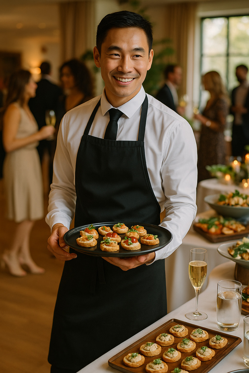 Serveur traiteur portant un plateau de petits fours lors d’un événement