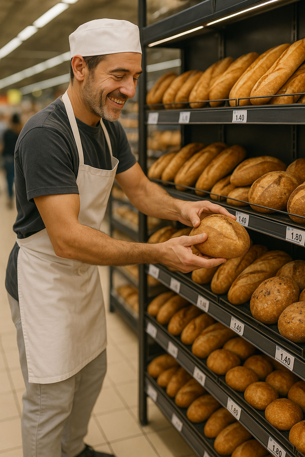 Boulanger/pâtissier devant plusieurs types de pains