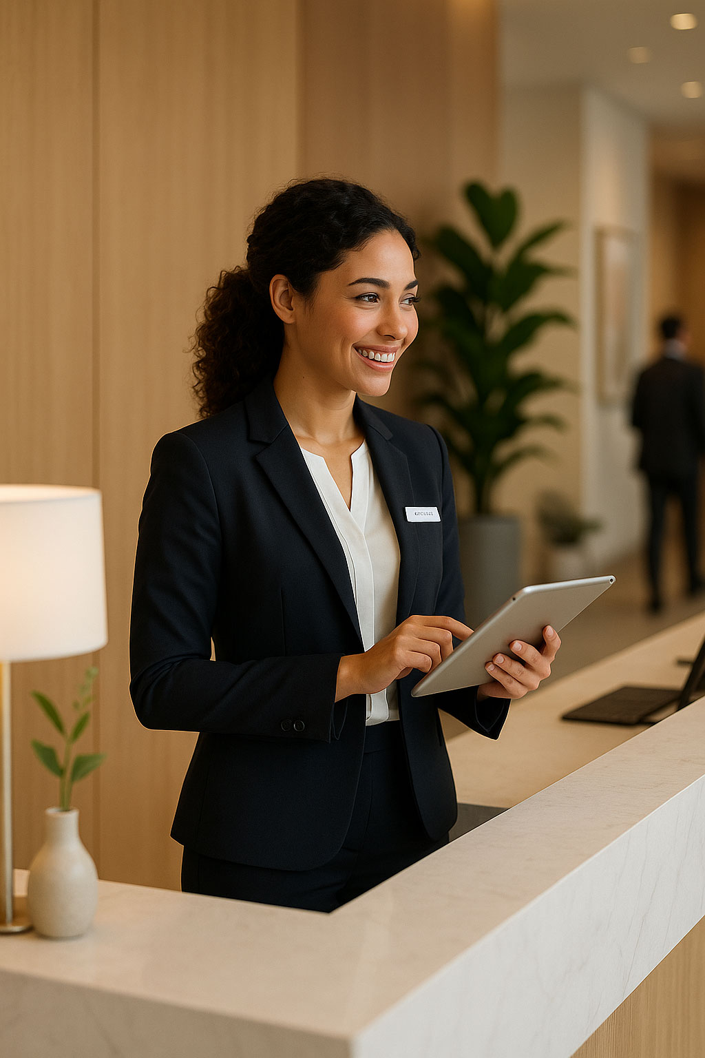 Hôtesse d'accueil à la réception d'un hôtel