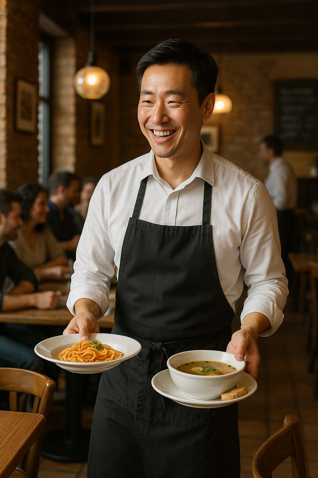 Serveur saisonnier apportant des plats en salle