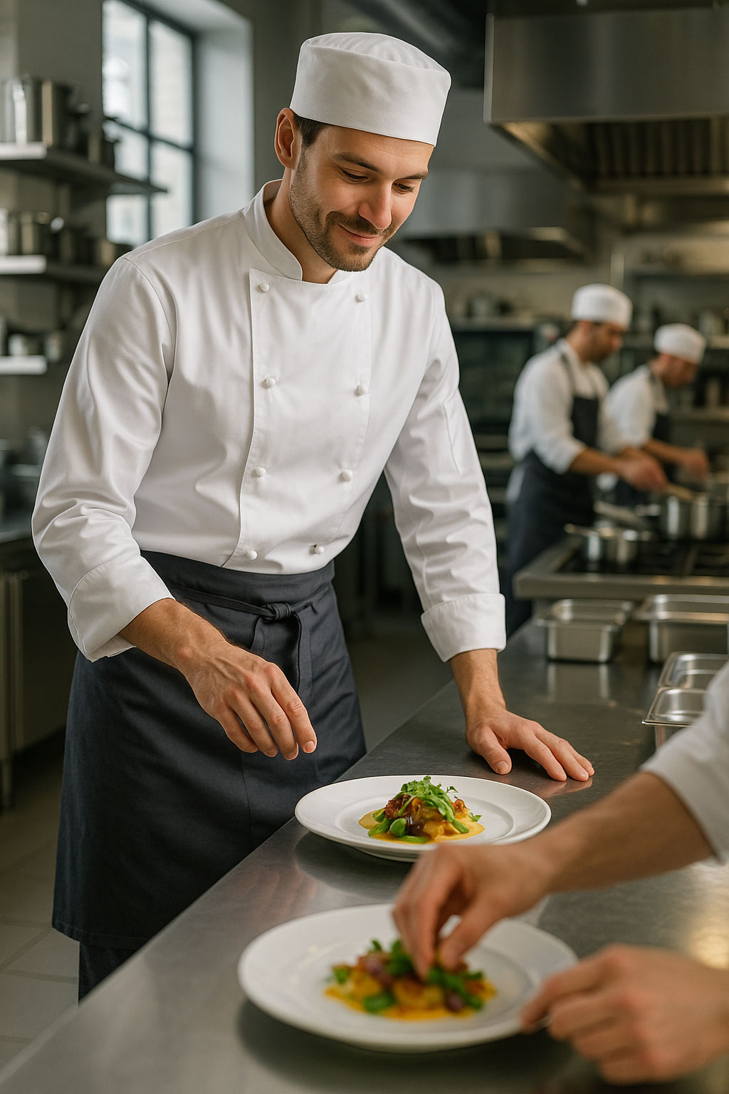 Sous-chef de cuisine préparant une assiette